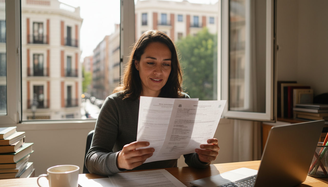 Persona latina revisando con alivio unos documentos oficiales de residencia, tras conocer una noticia positiva sobre trámites de extranjería.