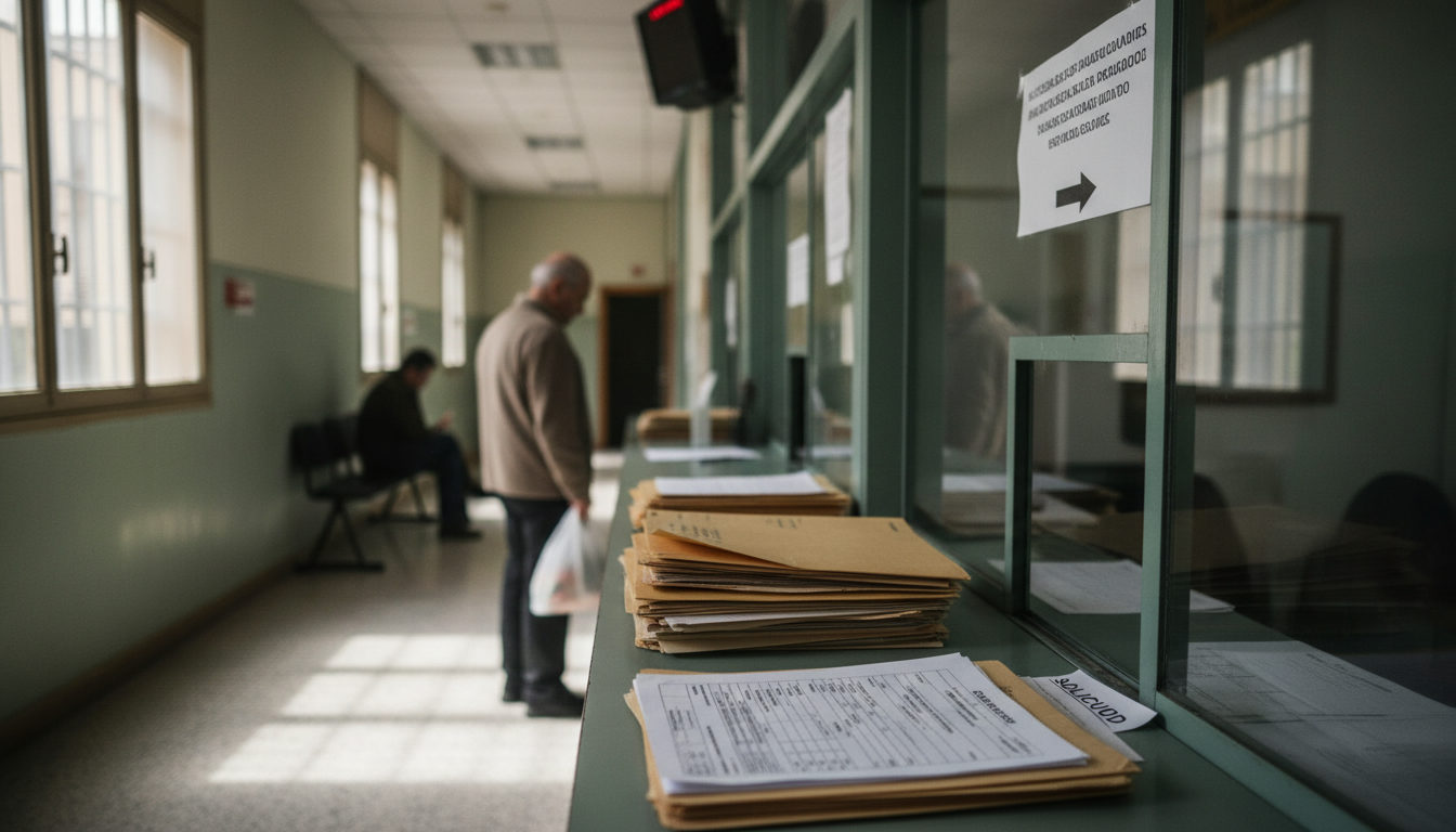 Pantalla de cita previa con documentación de extranjería en una mesa
