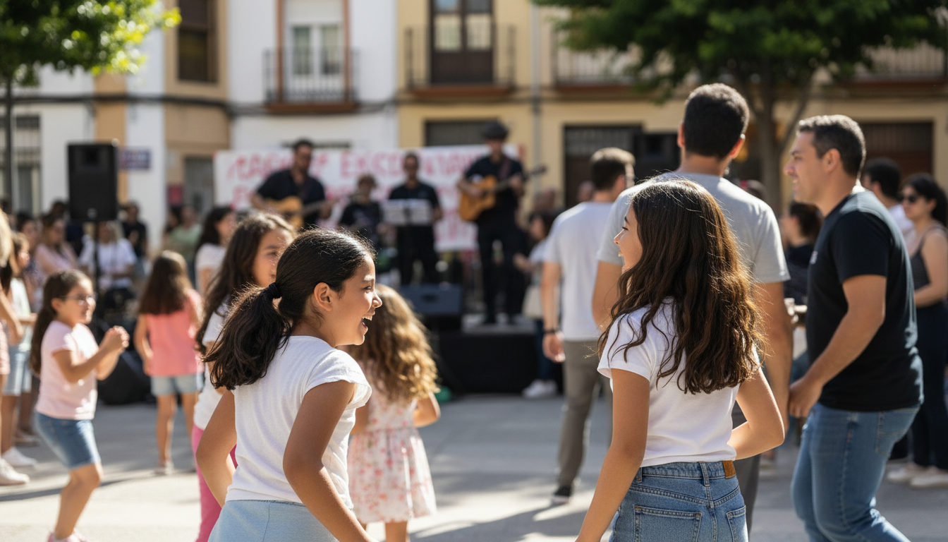 Familia latina sonriente disfrutando de un concierto al aire libre en una plaza, con niños bailando y adultos charlando en un ambiente festivo.
